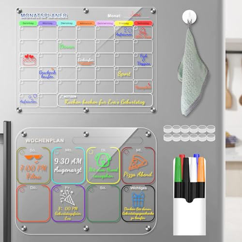 Wochenplaner Abwischbar - 2er Set Acrylic Magnettafel Monatsplaner Abwischbar und Wochenplaner, Kalender für Kühlschrank, Haushaltsplaner, Familienplaner, Menütafel Planungstafeln mit 6 Farbe Marker