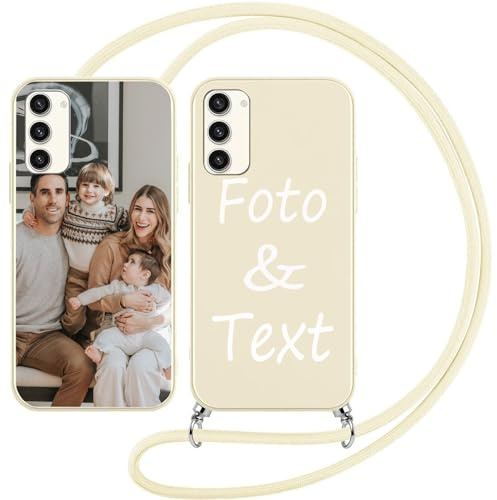 Handykette Personalisierte Handyhülle für Samsung Galaxy A04s/A13 5G,Personalisiert Hülle mit Band Kordel Selbst Gestalten Foto Bild Schutzhülle,Beige Silikon Stoßfest Individuelle