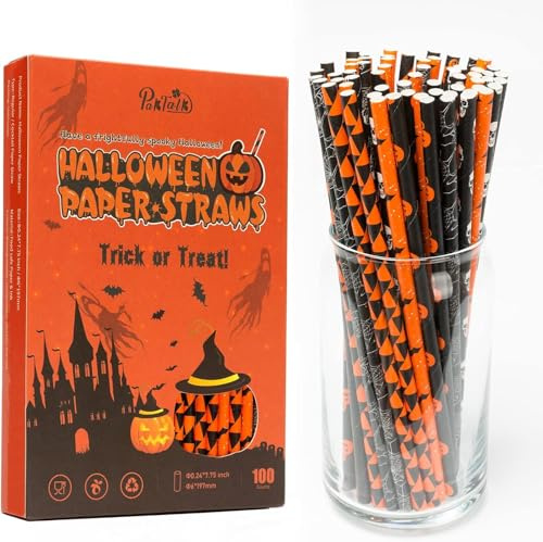PakTalk Strohhalme Papier Halloween 100 Blatt, 6×197mm, für Party Deko | Biologisch Abbaubare Trinkhalme mit 6 Motiven (Fledermaus, Spinne, Totenkopf, Kürbis), für Halloween Horrorthemen-Feiern