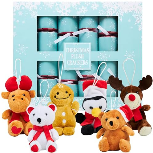 KreativeKraft Luxury Christmas Crackers, Set of 6 Deluxe Xmas Crackers, Plushies Hanging Xmas Tree Ornaments, Fun Novelty Party Gifts Christmas Decor (Green)