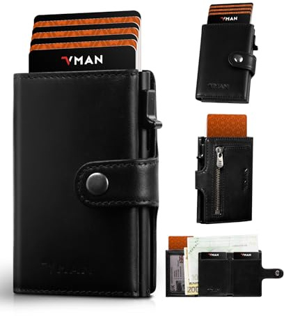VMAN Geldbörse Herren aus Echtleder, Slim Wallet mit Münzfach & RFID Schutz, Premium Leder Geldbeutel für 8–11 Karten, Smart Wallet für unterwegs & Business – Schwarz