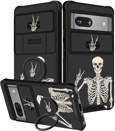 VincitoreModa for Google Pixel 8A Case Women - [2in1] Cute Girls Skull Skeleton Phone Cover Ring Holder Stand Girly Fun Cool Funny Aesthetic Slide Camera Cover Design Case for Google Pixel 8A