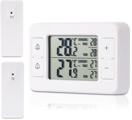 Termómetro para frigorífico, termómetro para congelador con 2 sensores inalámbricos, termómetro interior y exterior, alarma de temperatura, min/máxima, indicador de tendencia de temperatura, flecha