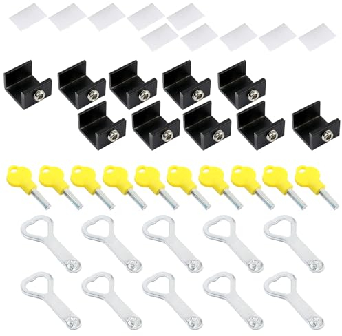 alloneslife Fensterstopper aus Aluminiumlegierung, Diebstahlsicherung für Schiebefenster, mit Schlüssel, Schiebetürrahmenbegrenzung, Sicherheitsschloss (schwarzer Begrenzer, einzeln), 10 Stück