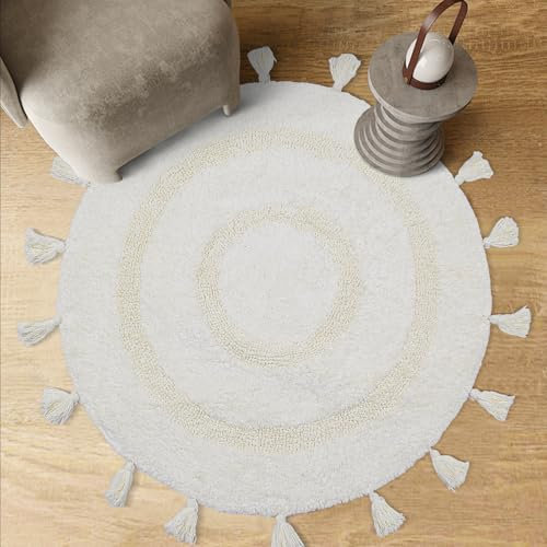 TOPSMCHER Runder Badteppich, Boho-Badteppich mit handgefertigten Quasten, 100 % Baumwolle, Bodenteppich, 70 x 70 cm, elfenbeinfarben, rutschfest, waschbar, Duschmatte, dekorativer Bodenteppich für