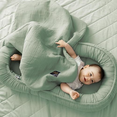 PALULLI® Nido per neonati 2 in 1 con coperta per neonati, in 100% mussola, di alta qualità, 100 x 60 cm, con chiusura in velcro, paracolpi per neonati e neonati
