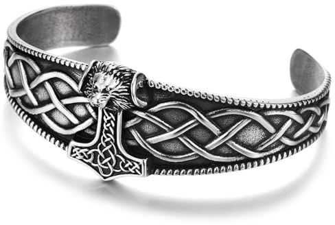 COOLSTEELANDBEYOND Herren Wikinger Thors Hammer Manschetten Armband, Edelstahl Offenes Armreif, Keltischer Knotenarbeit Design, Nordisch