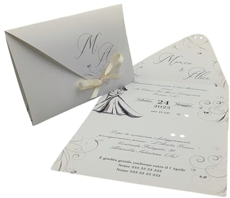 PV Grafik® 15 Partecipazioni Matrimonio Personalizzate, Inviti Matrimonio a Busta, Invito Partecipazione Nozze, Sposi, 15x28 cm Nastrino inclusa, Personalizza invito e scegli la quantità. (M3)