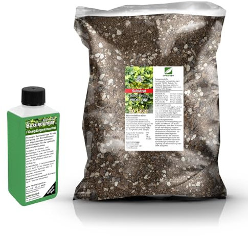 Umtopf - Set für Buchsbaum & kleine Ilex (Buxus & Ilex) - bestehend aus 10 Liter Spezial - Substrat und darauf abgestimmten Flüssigdünger NPK Volldünger (für Buchsbaum)