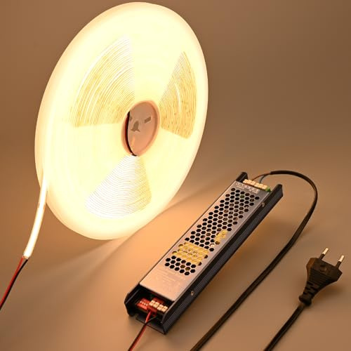 BENLUN 24V COB LED Streifen 20m CRI 90+ Konstantstrom IC mit Netzteil | 3000K Warmweiß LED Strip Selbstklebend Schneidbar 8W/m für Zimmer Dekoration, Akustikpaneele Beleuchtung, Küchenbeleuchtung