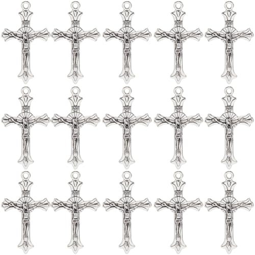 SUNNYCLUE 1 scatola Da 50 pezzi Rosario Croce Ciondoli Crocifisso Pasquale Rosari Stile Tibetano Sfuso Vinatge Ciondoli Croce Argento Antico per Forniture per La Creazione di Gioielli Fai Da Te Collan