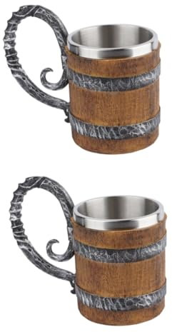 Cabilock Lot De 2 Chopes À Bière En Bois Réutilisables En Forme De Tonneau Pour Eau Verre Pichet Flacon Pliable Corne À Boire Expresso Charcuterie Pinte Vin Thé Marron