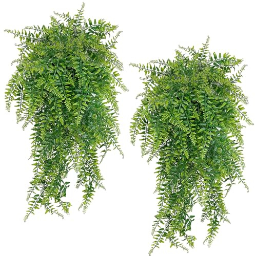 GETRICH 2 Stück Kunstpflanze Hängend Farne 80CM Künstliche Hängepflanzen Wie Echt Wartungsfreie Künstliche Pflanzen Hängend Hängepflanze Künstlich Efeu für Garten Party Büro Wanddekoration Hausgarten