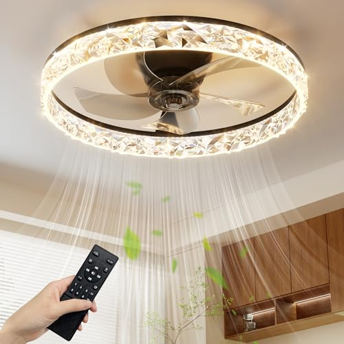 NIORSUN 60CM LED Ceiling Fan with Lights and APP Remote, 3000K/4500K/6000K Stepless Dimmable Low Profile Ceiling Fans, Flush Mount Ceiling Fan,6 Speeds Ceiling Fan Light for Bedroom Living Room（Black）