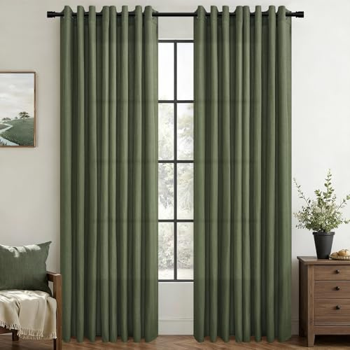 Topfinel Gardinen Grün Dunkelgrün mit Schlaufen, Leinen Baumwolle Vintage Gardinen H 245 x B 140 cm, Halbtransparent Leinenoptik Voile Vorhänge Ösen für Curtains Living Room, Ösenvorhang 2er Set