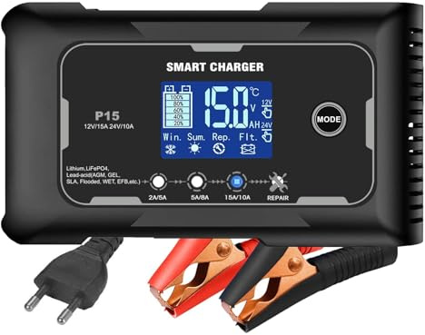 Haisito Chargeur de batterie de voiture 15 A/10 A, 6 V/12 V/24 V, convient pour lithium, LiFePO4 et acide au plomb (AGM, Gel, MF, EFB, SLA, VRLA, etc.), motos, tondeuses à gazon, bateaux, etc.