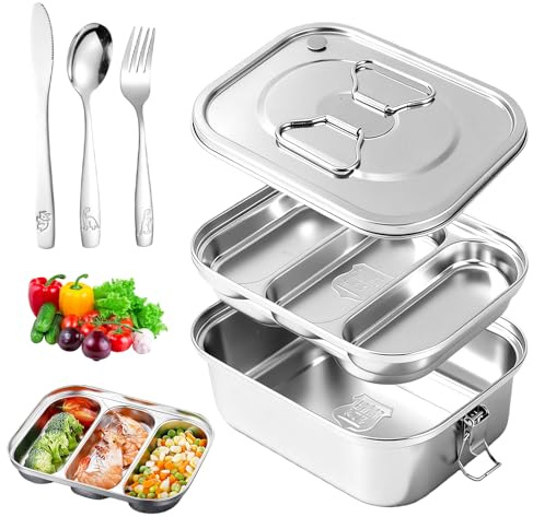 Premium Bento Box de acero inoxidable 304 a prueba de fugas, fiambrera de 1800 ml, bandeja de acero inoxidable con 3 compartimentos, anillo de sellado, incluye vajilla Bento Box sin BPA, fiambrera de