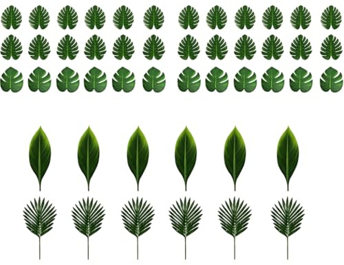 Set di 48 foglie di palma artificiali Monstera, foglie decorative tropicali per giungla, decorazione hawaiana, feste safari, compleanno, decorazione da tavolo, parete delle piante, foglie artificiali