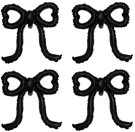 Black Bow Balloons - Matte Black Self-Sealing Balloon with Unique Heart-Shaped Bow Design for Party Wedding Birthday Decorations (4 Pack)