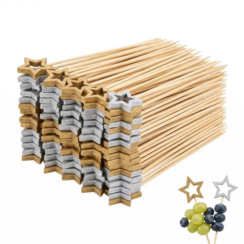 100 Piezas Palillos para Aperitivos de Bambú, Palillos para Gildas y Cócteles, Brochetas Decorativas Oro y Plata, Pinchos para Frutas, Canapés, Eventos y Fiestas