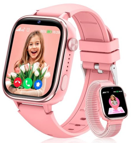 RUXINGX Smartwatch Kinder GPS, Kinderuhr mit Telefon und SOS (Rosa) | HD Videoanruf, Voice Chat, Schulmodus, Wecker, Schlafen, IP68 Wasserdicht, SMS, Schrittzähler, Geschenke für Mädchen Jungen