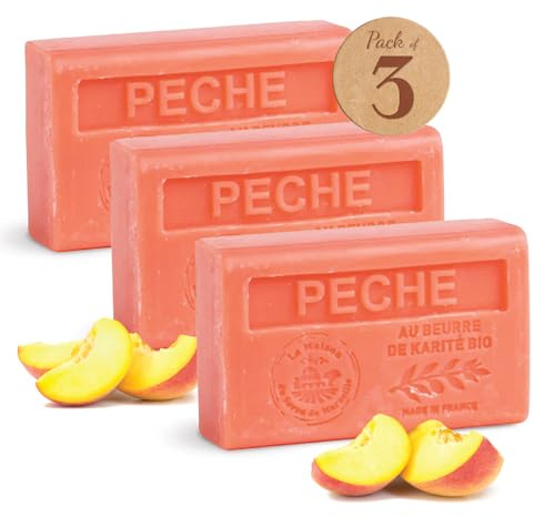 La Maison du Savon de Marseille Seife Pfirsich 3x125g mit Bio Sheabutter, Feuchtigkeitspendend für Hände & Körper, Patchouli Seife hergestellt in der Provence, Duftseife 97% natürliche Inhaltsstoffe