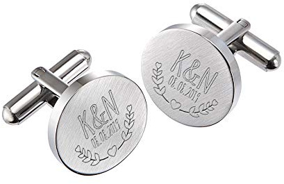 Gravado runde Manschettenknöpfe aus mattem Edelstahl mit Blätter Gravur, Personalisiert mit Initialen und Datum, inkl. Geschenkbox, Herren Schmuck