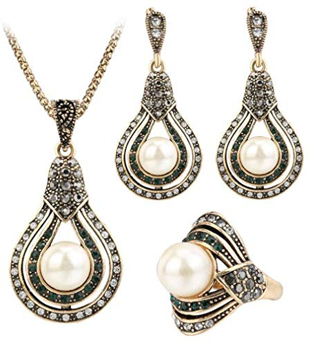YAZILIND Vintage Damen Party Bankett Nachahmung Perlen Anhänger Halskette Ohrringe Ringe Elegante Hochzeit Brautschmuck Set 17.2