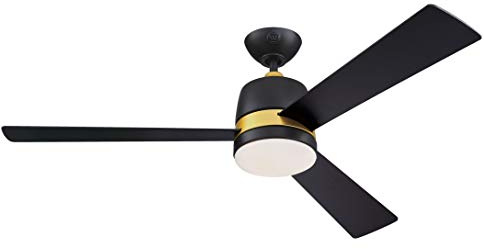 Westinghouse Lighting 73039 Ventilateur de plafond à lampe et télécommande Tristan moderne de 132 cm, finition en noir mat avec accents dorés et verre opale dépoli
