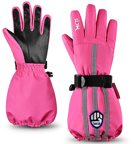 MCTi Kids Gloves Waterproof Winter Warm Snow Ski Gloves Long Cuff Fleece Lined with Reflective Strap