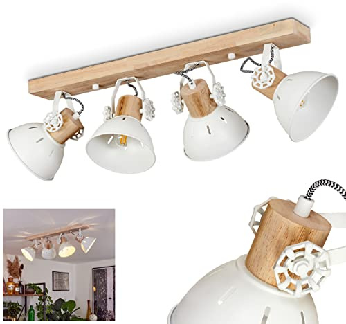 HOFSTEIN Deckenleuchte Orny, verstellbare Deckenlampe aus Metall/Holz in Weiß/Naturfarben, Leuchte im Industrial/Retro/Vintage-Design, Lichteffekt, 4 x E27, Wohnzimmer, Esszimmer, Schlafzimmer, Küche