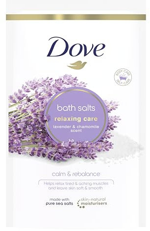 Dove Relaxing Care Lavender & Chamomile Bath Salts with skin-natural moisturisers to relax your mind & body, leaving your skin smooth & soft 900 g
