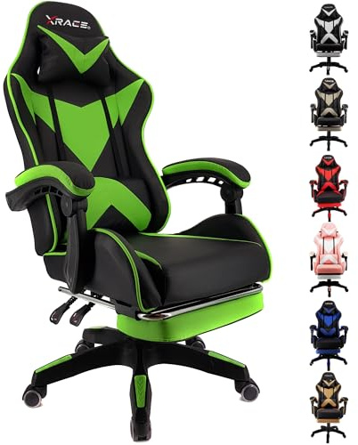 xRace - Poltrona da gaming per videogiochi, girevole, alta in pelle con supporto lombare, poggiatesta e poggiapiedi, regolabile, inclinabile, stile corse racing (verde)