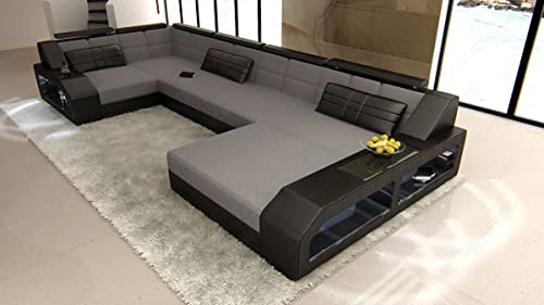 Sofa Wohnlandschaft Arezzo Stoff - mit LED Beleuchtung, verstellbare Kopfstützen, Ottomane/Mikrofaser/Ausrichtung wählbar (Ottomane rechts, Schwarz-Hellgrau)