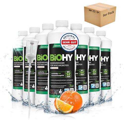 BiOHY Bodenreiniger für alle Wischroboter mit Orangenduft (9 x 1 Liter) + Dosierer | Schaumarm & Streifenfrei | Reinigungsmittel Konzentrat für alle Böden