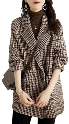 Adhdyuud Damen-Blazer, Vintage-Stil, kariert, locker, langärmelig, zweireihig, für Büro, vorne offen, coffee, 48