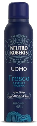 Neutro Roberts, Deodorante Spray Uomo Essenza Marina, Con antiodore, Zero Sali di Alluminio, Zero Macchie, Con Puro Olio di Glicerina, Deodorante Uomo, Dermatologicamente testato, 150 ml, 48h