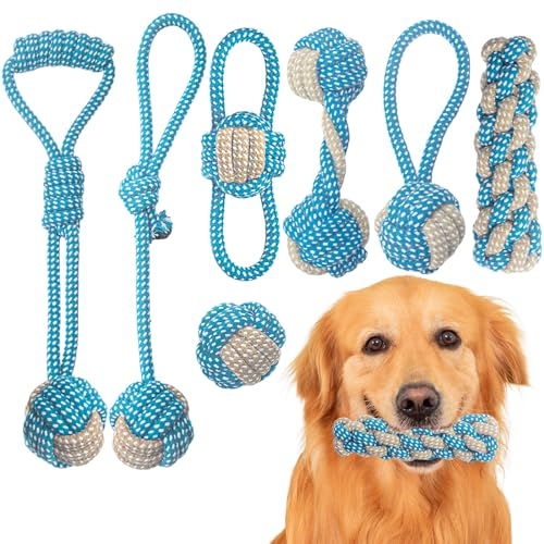 Weocar 7 Pack Puppy Rope Toys - Variety of Cotton Rope Toys for Small Dogs, Teething, Chewing & Keeping Dogs from Being Bored - Blue