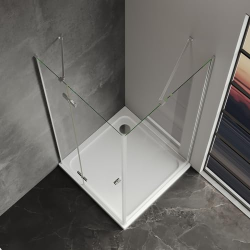 IMPTS Duschkabine Eckeinstieg mit Diagonalen Sicherheitsstange 90x70x185 cm, Duschabtrennung mit Falttür Rahmenlos Eckdusche Duschtür Scharniertür Glas, ohne Duschtasse & Ablauf