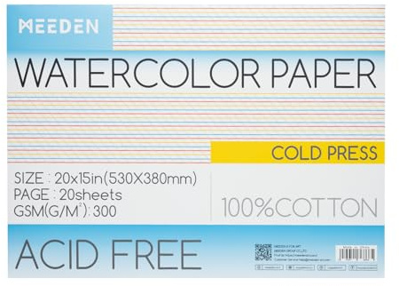MEEDEN Vattenfärg pappersblock – 100 % bomull akvarellpapper dyna med 20 ark, 150 kg/300 gsm, syrafritt konstpapper för vattenfärg, gouache, bläck och mer, 53 cm x 38 cm varm press