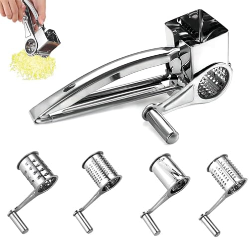 CYTBEK Rotary Cheese Grater, Handheld Manual Grater Shredder with 4 Stainless Steel Drum Blades, Commercial Kitchen Cheese Shredder, for Home Cooks, Cheese Enthusiasts