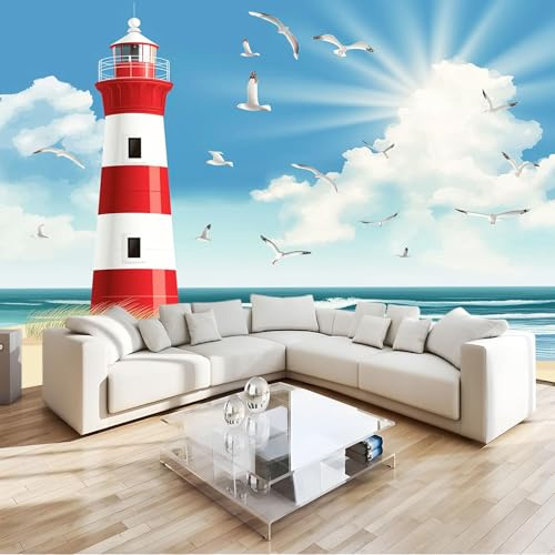 Generico Art Murals Carta da Parati 3D Spiaggia Faro Mare Sabbia Blu 350x256 cm Moderna Fotomurali Decorazione da Muro Poster per Camere da Letto, Cucine, Soggiorni, dei Bambini