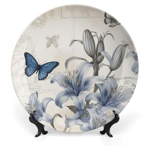 NWTRJ Blaue Blume, Keramik-Dekoteller, 20,3 cm, Knochenporzellan, dekorative Teller mit Präsentationsständer, handgefertigte Keramikverzierung für Zuhause, Küche, Schlafzimmer, dekorative Ornamente