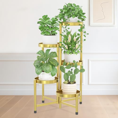 iDavosic.ly Pflanzenständer Blumenständer Metall, 5 Etagen, Gold | Plant Stand Pflanzenregal Blumenregal Indoor Outdoor, Mehrstöckig Pflanzentreppe für Wohnzimmer Balkon Terrasse Garten Hof