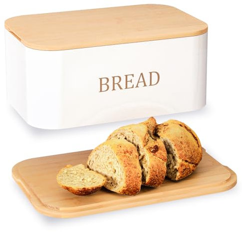 Danfoxer Bamboo Bread Box for Kitchen Countertop,Curved Bamboo Bread Boxes with Cutting Board Lid,Wooden Bread Storage,Bread Container Airtight,Food Storage for Kitchen Counter(White)