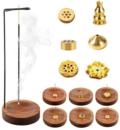 Luckwaii 8-in-1 Räucherstäbchenhalter mit Halterung, Handgefertigte Holz Basis Räuchermännchen Modern Design mit Kegel Spule, 9 Loch Incense Stick Holder Weihrauchbrenner für Meditation Yoga Deko
