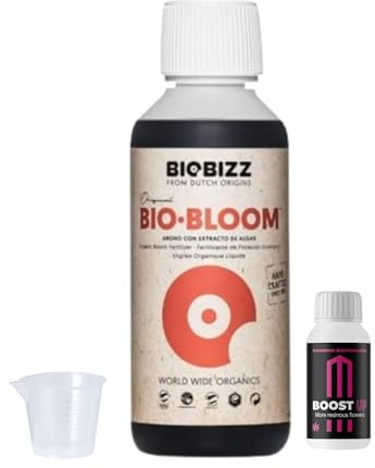 GROWMANIA Bio Bloom de BioBizz 250 ml + Muestra Boost Up de Up Nutrients + Vaso Medidor | Biobloom Fertilizante Orgánico para Floración | Para Macetas Pequeñas y Cultivos Iniciales