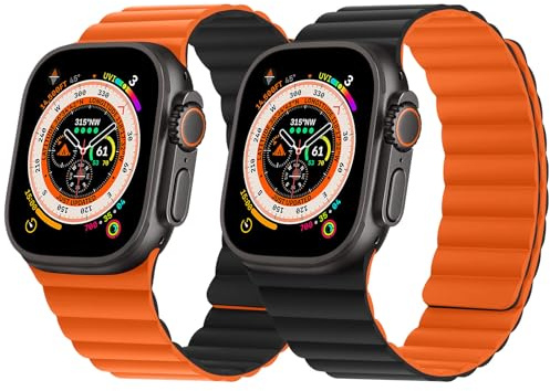 HITZEE Bracelet Réversible en Double Face Compatible avec Bracelet Apple Watch 49/46(S10)/45/44/42mm, Band Magnétique pour iWatch Ultra 2 Série 10 9 8 7 SE 6-1 (49/46/45/44/42, Noir/Orange)