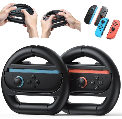 Kinwin Volant pour Nintendo Switch 2, Switch 1 et Switch OLED Joycon - Poignée de volant pour Mario Kart World & Mario Kart 8 Deluxe, NS2 - Accessoires de support antidérapants (noir x 2)