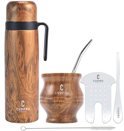Cuopru Yerba Mate Tasse und Termo Set – Moderner Mate-Kürbiss, Thermoflasche, Bombilla und Reinigungsbürste im Lieferumfang enthalten – alle Premium-Qualität 304 18/8 Edelstahl (Holzmaserung)